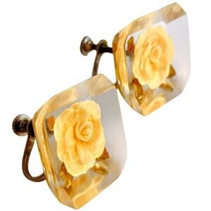VTG Mid Century Earrings Lucite Embedded Rose Yellow Screw Back Floral